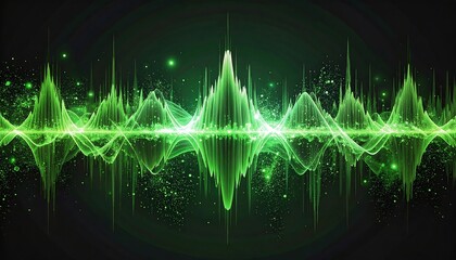 An abstract, green visualization of sound waves against a dark background. The waveforms rise, fall, and reflect. Sparks and light effects enhance the digital aesthetic