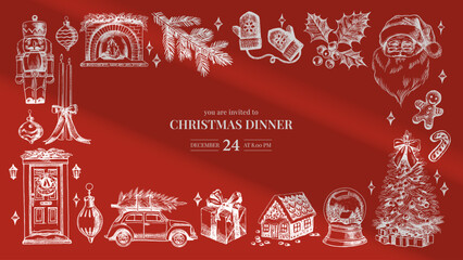 Christmas frame mockup with hand drawn holiday elements. Festive mood, elegant vintage style frame design. Vector sketch illustration. © pim