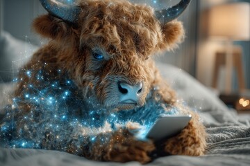 Bull's exaggerated fear of tech in a sunlit room. Bull tech fear. What crypto trading really means for ordinary people today. Trade crypto safely. Risk of crypto trading.