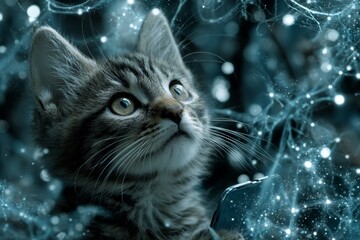 Anthropomorphic kitten clutches smartphone in spooky night. Dark room. High-speed 5g is redefining mobile internet and cloud computing. 5g and iot. Benefits of 5g.