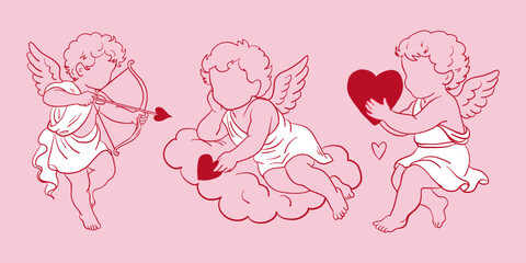 Cute coquette cherubs with hearts in pink style