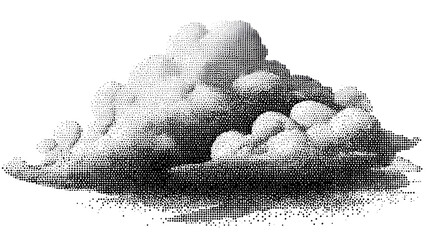 Monochrome stippled cloud shape built with compact bitmap dots and pixel grain. Organic waveform aesthetic mimicking digital static or fog. Grunge-inspired 8 bit dither texture, vector