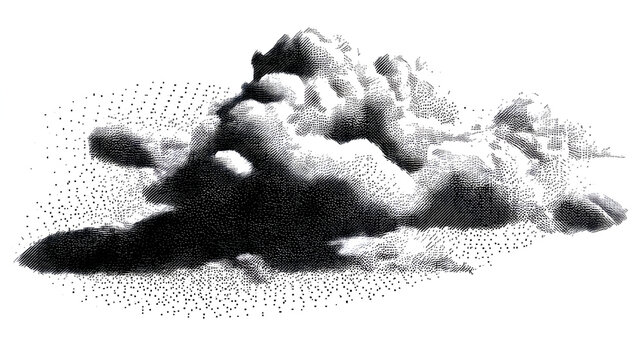 Monochrome stippled cloud shape built with compact bitmap dots and pixel grain. Organic waveform aesthetic mimicking digital static or fog. Grunge-inspired 8 bit dither texture, vector