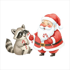 Santa and Raccoon with Candy Canes Watercolor Vector Illustration on White Background

