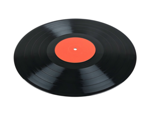 Overhead shot of a vinyl record with a blank orange label on a black background