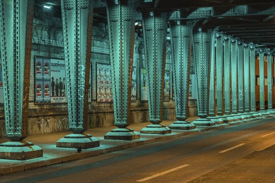Green illuminated railway underpass, Hansaring, Cologne, North Rhine-Westphalia, Germany