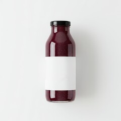 Glass bottle filled with dark berry smoothie and blank label, perfect for branding mockups, beverage packaging design, juice bar menus, and product presentation visuals