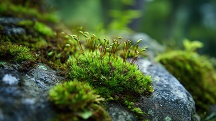 Moss clump growing on a textured rock, forest background, soft focus, close-up view