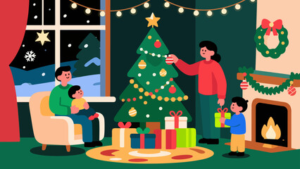 Fireside Trimming — Family Decorating the Christmas Tree at Home