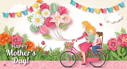 Happy Mothers Day celebration with mother and child on bicycle surrounded by flowers and balloons.