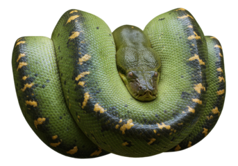 Isolated Green Anaconda resting, coiling its body with its head on top, resting peacefully