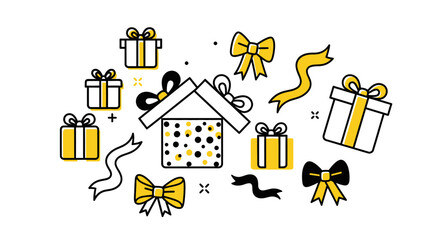 Celebrate with festive gifts and ribbons, a modern and cheerful design perfect for birthdays, holidays, and special occasions with a joyful, celebratory vibe