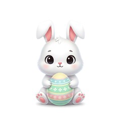 Obraz premium Adorable cartoon white bunny rabbit holding a colorful striped easter egg with big eyes