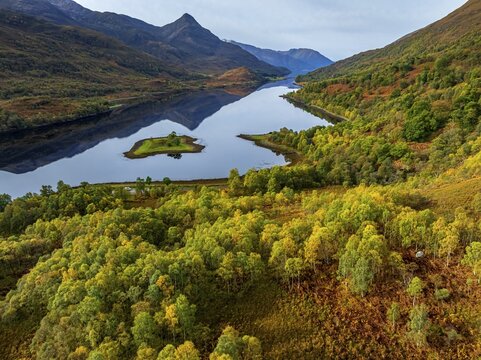 Fjord, coast, mountain landscape, reflection, island, autumn, autumn colours, aerial view, Loch Leven, Scotland, Great Britain