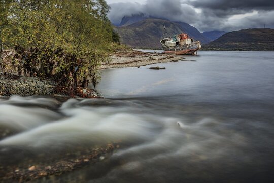 Shipwreck, coast, sea, mountains, river, long exposure, cloudy, autumn, Corpach Shipwreck, Corpach, Fort William, Scotland, Great Britain
