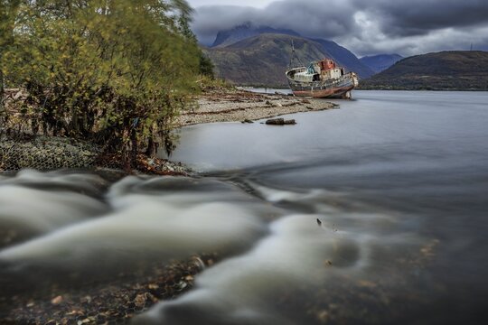 Shipwreck, coast, sea, mountains, river, long exposure, cloudy, autumn, Corpach Shipwreck, Corpach, Fort William, Scotland, Great Britain