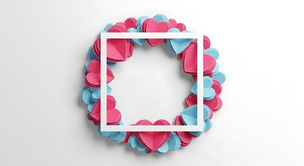 Heart-shaped paper wreath with a white square frame on a clean background, symbolizing love and celebration.