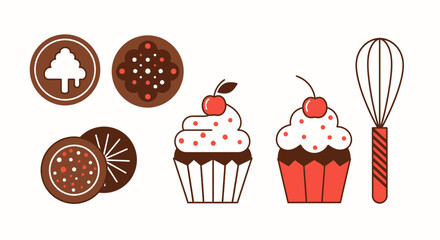 Delightful cupcakes and cookie assortment with whisk for baking joy, perfect for holiday treats or sweet dessert cravings, a cheerful illustration