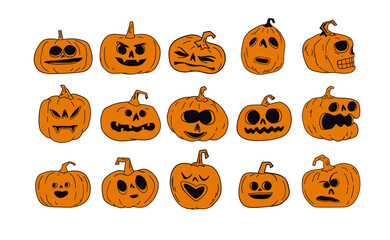 Halloween carved pumpkins hand drawn illustrations, cute funny jack o lanterns