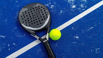 Close-up of a black paddle tennis racket and a yellow ball resting on a blue court with a white line.