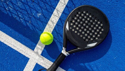 Close-up of a black padel racket and a yellow ball on a blue padel court with white lines and a net in the background.