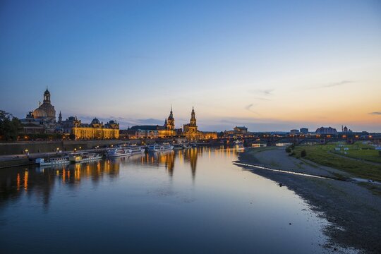 Panorama over the Elbe, from left to right: Academy of Fine Arts, Bruehl's Terrace, Sekundogenitur, Hausmannsturm of the castle, Staendehaus, Court Cathedral, Semper Opera House and Augustus Bridge, Dresden, Free State of Saxony, Germany