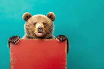 Animal holding blank sign. Cute baby animal grizzly bear hold in front paws a concept - large red zoo sign. Marketing with furry friend. Isolated baby animal on a solid uniform green backgroun.