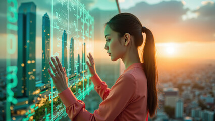 Woman interacts with futuristic digital interface, overlooking city skyline at sunset. scene conveys innovation and technology