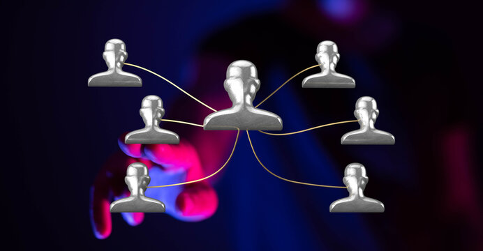 Abstract network of people connected, representing teamwork, communication, and digital concepts. Illustrates collaboration and human interactio