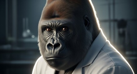 Intense Gaze of a Gorilla in a White Shirt, Deep in Thought.