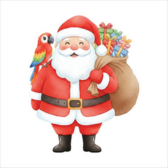 Santa with Parrot on Shoulder Watercolor Vector Illustration on White Background
