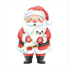 Santa with Baby Seal Watercolor Vector Illustration on White Background
