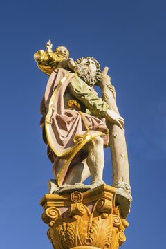 St Christopher's Fountain from 1584 at the Schwoerhaus in Ulm, Baden-Wuerttemberg, Germany