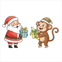 Santa Playing with Monkey Watercolor Vector Illustration on White Background
