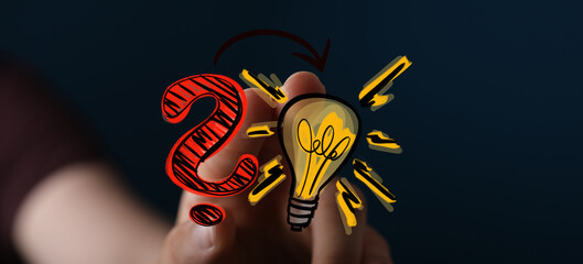Hand reveals solution, question mark transforms into a lightbulb.  Innovation, problem-solving concept.