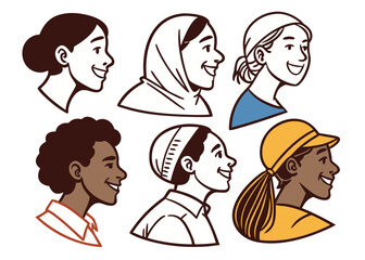 Inclusive People Face Icons from the Side (Hijab, Cap, Headband)