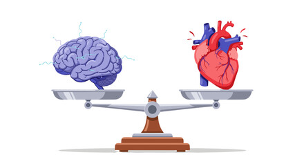 Brain vs heart balance concept illustration showing emotional intelligence and rational thinking on scales on transparent background