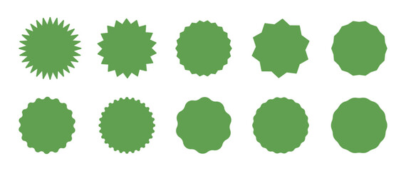 Green circle sticker set. Blank sale stickers collection, simple silhouette. Star burst shape tags for price, shop. Wavy edge promo green badges. Flat vintage labels. Graphic illustration. 