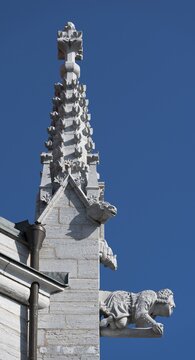 Mythological figures and monk as gargoyle, south chapel, medieval cathedral, Visby Cathedral, St Mary's Church, former Hanseatic city of Visby, UNESCO World Heritage Site, Gotland Island, Sweden