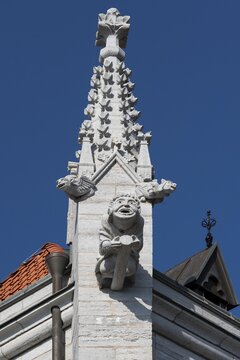 Mythological figures and monk as gargoyle, south chapel, medieval cathedral, Visby Cathedral, St Mary's Church, former Hanseatic city of Visby, UNESCO World Heritage Site, Gotland Island, Sweden