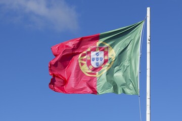 Portuguese national flag in the wind, Lisbon, Portugal