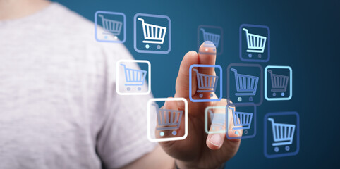 Person interacting with shopping cart icons on a screen, representing online shopping, sales, and modern technology. Ideal for e-commerce, digit