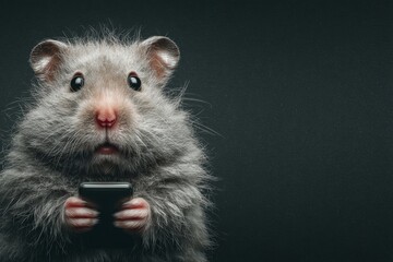 In the dark: hamster's fearful smartphone moment. Adorable hamster. Trading crypto: modern wealth building or digital trap. Crypto trap warning. Hamster look.