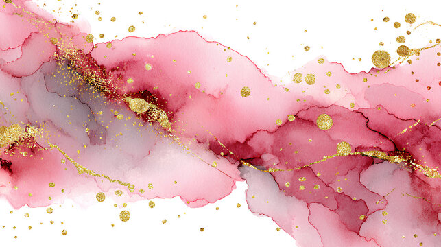 Pastel pink watercolor paint brush glitter gold with golden , dots and stains. Pastel marble alcohol ink drawing effect. pink texture design element for wedding invitation. Stock Illustration