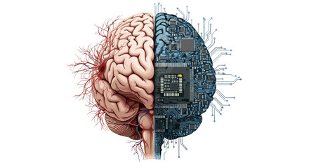 Artificial intelligence brain concept showing human brain versus ai brain with circuit board design on transparent background