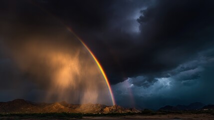 Rainbow and storm over mountains, clouds darkening the sky, and rain hitting the ground