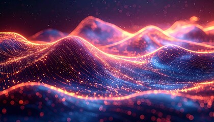 Abstract, digitally rendered visualization featuring glowing, undulating lines of light resembling waves or terrain. Fiery orange & cool blue tones
