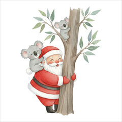 Santa and Koala Hugging Tree Watercolor Vector Illustration on White Background
