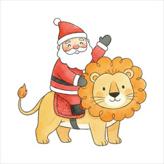 Santa Riding Lion Watercolor Vector Illustration on White Background
