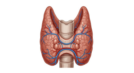 Thyroid gland anatomy illustration showing lobes isthmus and blood vessels for medical education use on transparent background